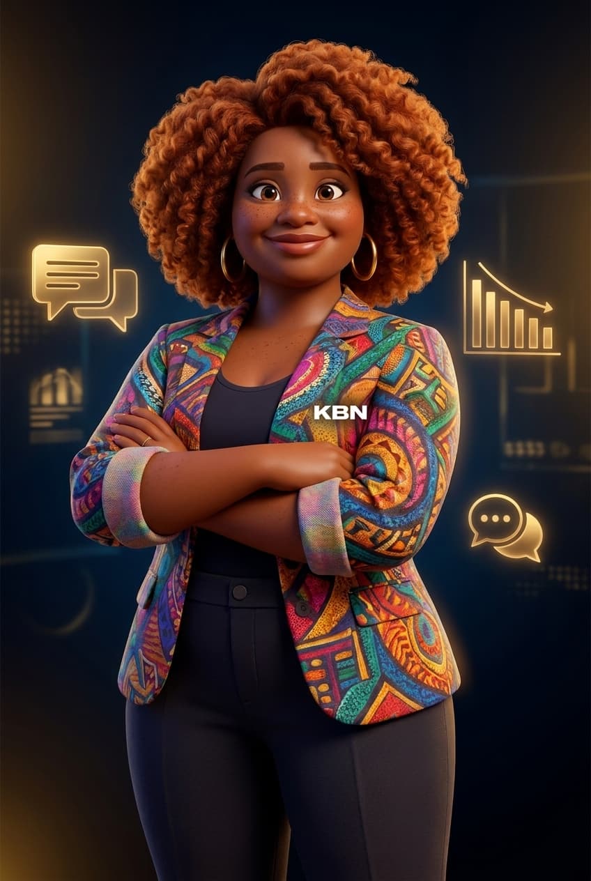 Karin — AI collections specialist, a red-haired woman in a blue blazer