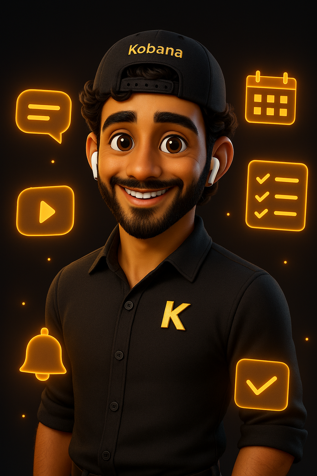Kadu — AI financial assistant with a Kobana cap and AirPods