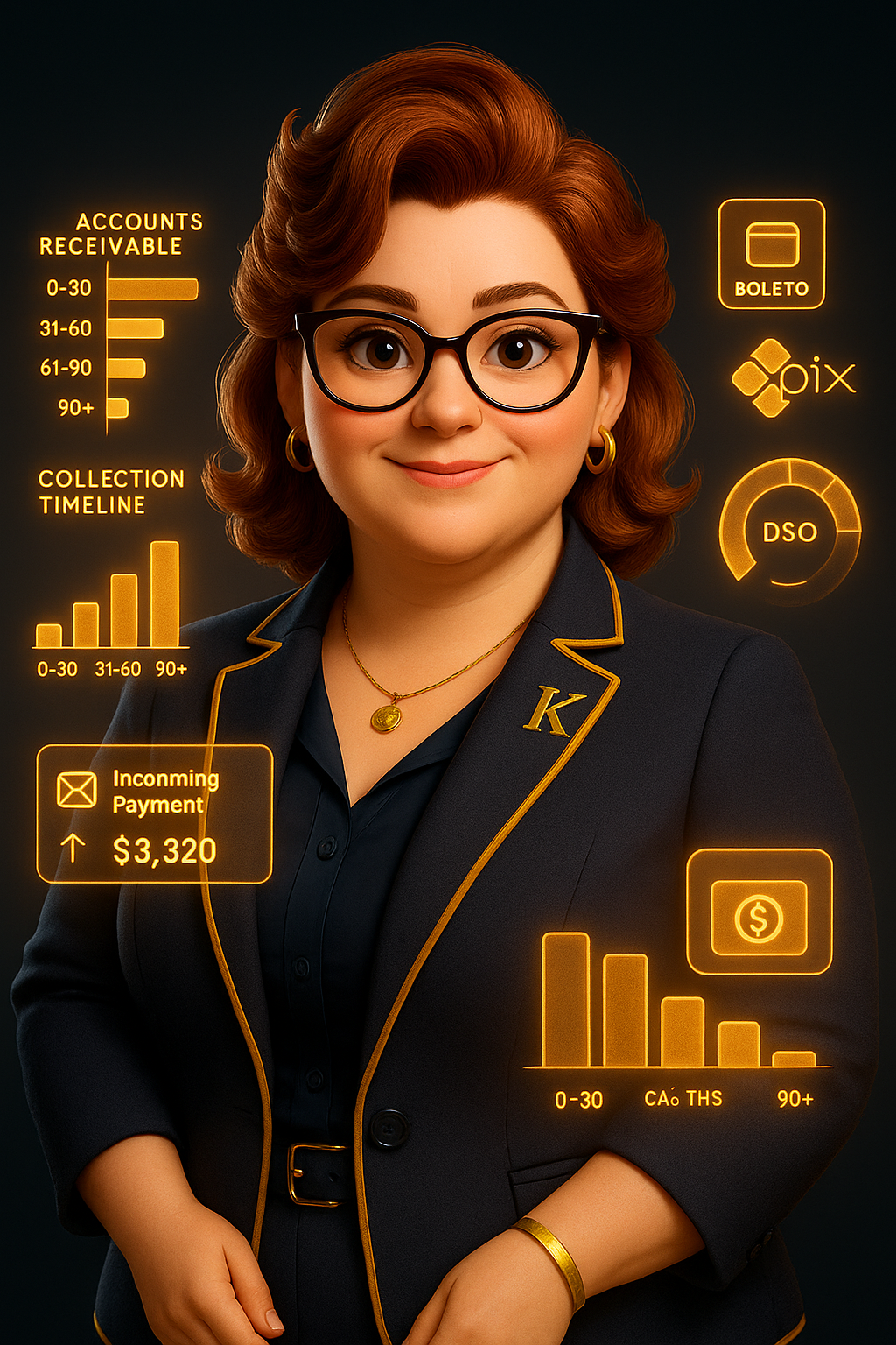 Karin — especialista de IA em cobrança, mulher ruiva de blazer azul