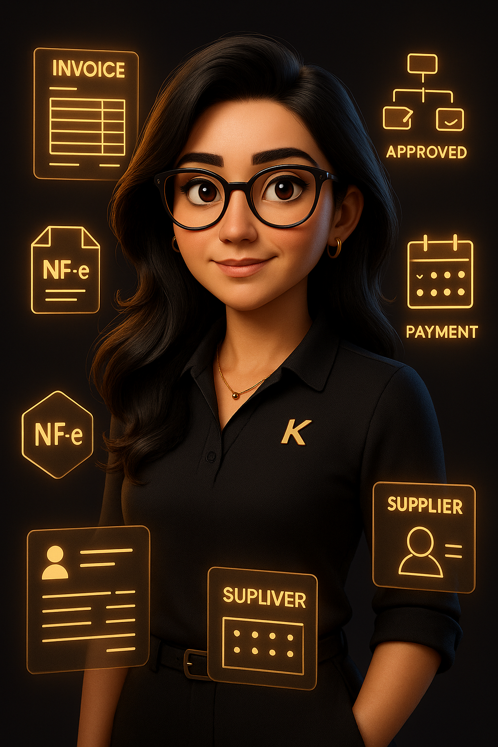 Kelly — AI analyst for accounts payable, in a black polo with a gold K