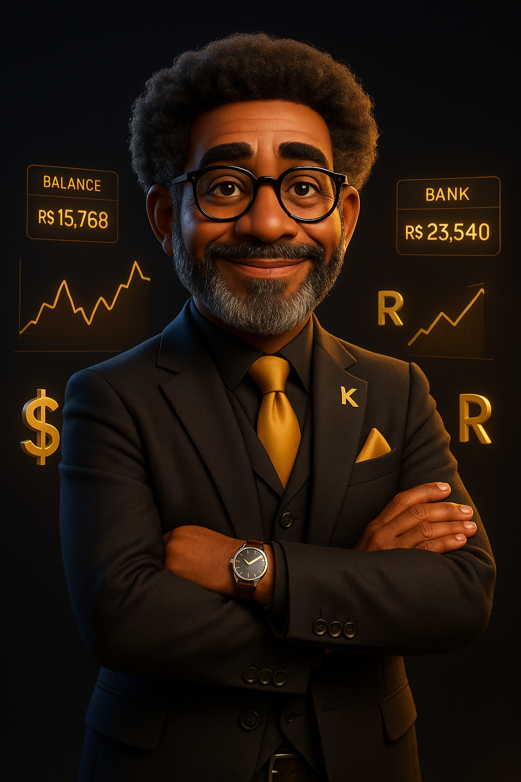 Kevin — AI agent for Brazilian treasury, in a suit with a gold tie