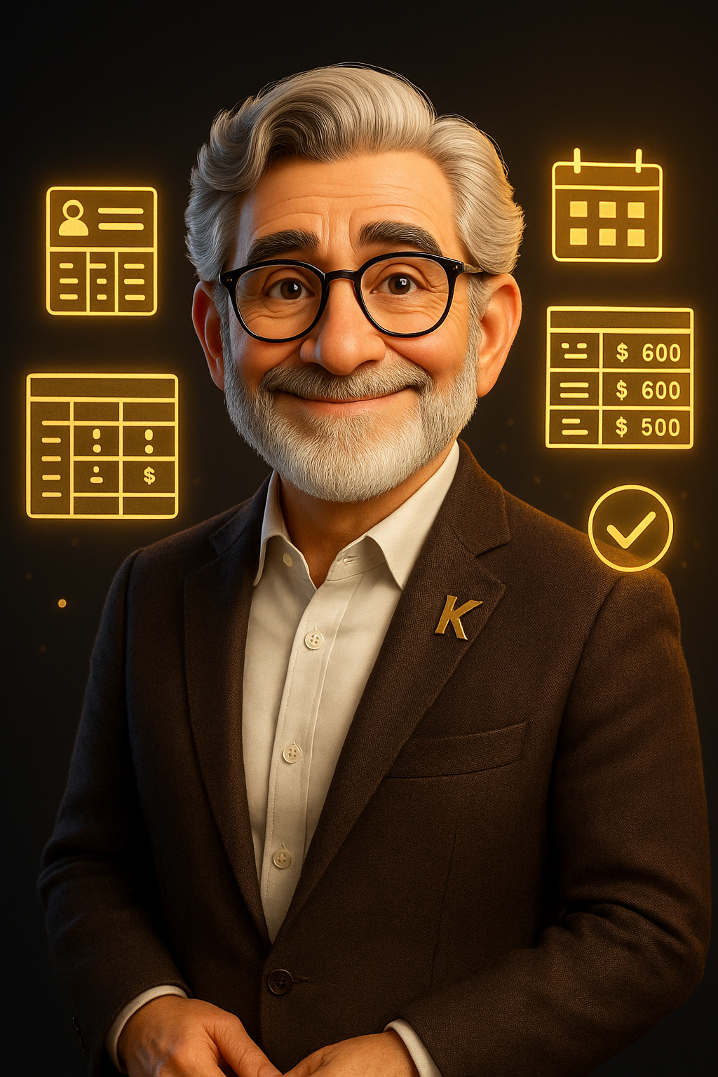 Klaus — especialista de IA en nómina brasileña, con blazer marrón