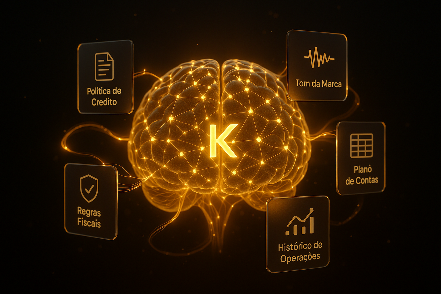 Kia Brain — cérebro de IA com cards orbitando contendo políticas, plano de contas e contratos
