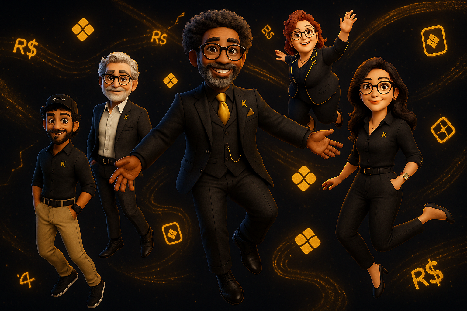 Kobana Team floating in financial space β five coordinated AI agents